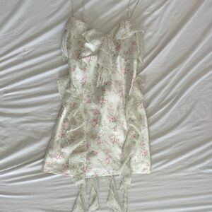 Women’s Floral Ruffle Silky Slip Dress - Cream and Pink